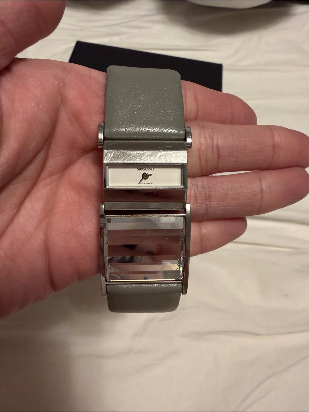 Swarovski Gray Leather Watch with Faceted Crystal Accent